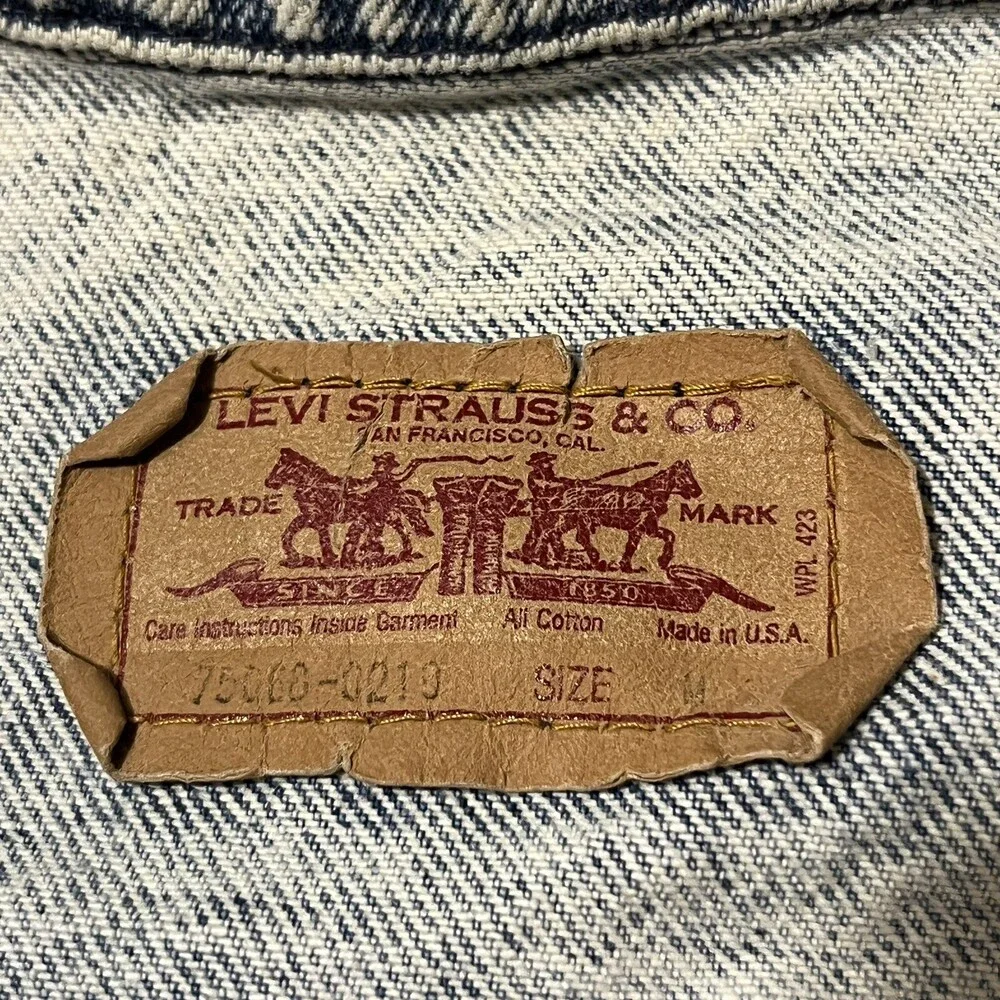 Vintage Levis Trucker Jacket 1980s Galactic Acid wash Levi Moto Leather Patch US
